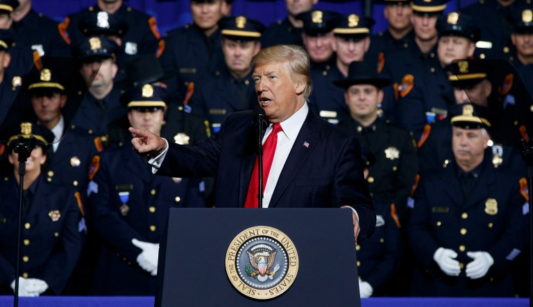 Trump gave a speech to members of law enforcement at Suffolk County Community College on Friday. (AP Photo/Evan Vucci)