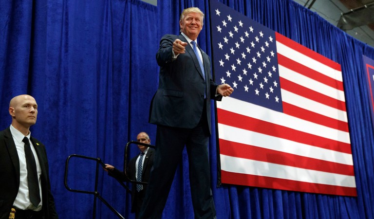 Donald Trump made his pitch to voters north of Philadelphia, where he talked up rebuilding the U.S. Navy, including the introduction of his plan to build 350 naval ships in the U.S. under a Trump administration. (AP Photo/ Evan Vucci)