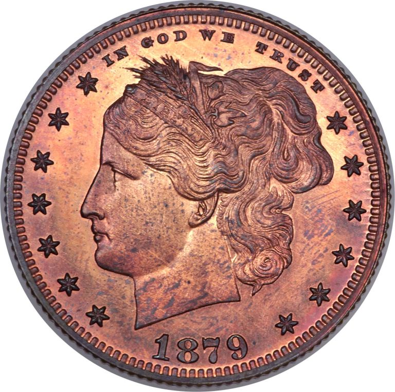 This image provided by Heritage Auctions shows one of the historic experimental coins from the collection of the late Texas businessman and philanthropist Harry W. Bass, Jr. that will be offered by Heritage Auctions at the 2014 World's Fair of Money on Aug. 7, 2014 near Chicago. (AP Photo/Heritage Auctions)