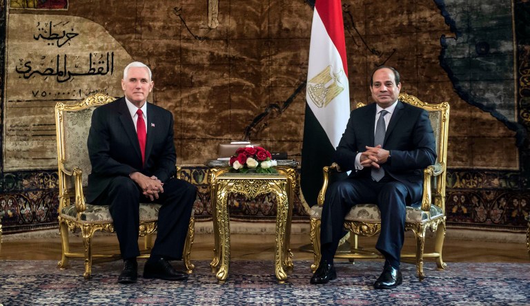 U.S. Vice President Mike Pence meets with Egyptian President Abdel-Fattah el-Sissi, right, at the Presidential Palace in Cairo, Egypt on Saturday. (Khaled Desouki/Pool Photo via AP)