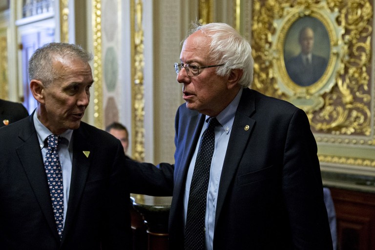 Sen. Bernie Sanders exits a Senate luncheon meeting at the U.S. Capitol in Washington on Tuesday, June 14, 2016. (Andrew Harrer/Bloomberg)