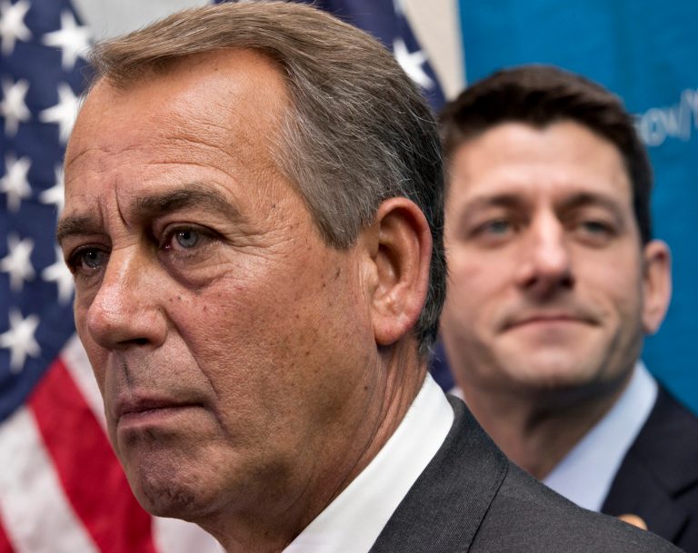 House Speaker John Boehner of Ohio, left,  joined by House Budget Committee Chairman Rep. Paul Ryan, R-Wis., takes reporters' questions, on Capitol Hill in Washington, Wednesday, Dec. 11, 2013, as House Republicans signaled support for a budget deal worked out yesterday between Ryan and Senate Budget Committee Chair Rep. Patty Murray, D-Wash. The budget deal was one of a few major measures left on Congress' to-do list near the end of a bruising year that has produced a partial government shutdown, a flirtation with a first-ever federal default and gridlock on President Obama's agenda. (AP Photo/J. Scott Applewhite)