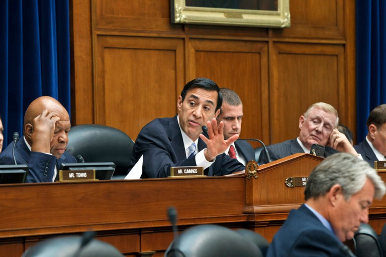Rep. Darrell Issa, R-Calif., center, chairman of the House Oversight and Government Reform Committee, manages a series of amendments as they consider a vote to hold Attorney General Eric Holder in contempt of Congress, on Capitol Hill in Washington, Wednesday, June 20, 2012. (AP Photo/J. Scott Applewhite)