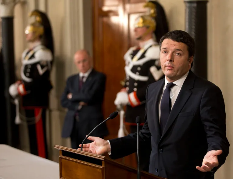 Italian Democratic Party's leader Matteo Renzi talks to journalists at the Quirinale presidential palace after talks with Italan President Giorgio Napolitano, in Rome, Monday, Feb. 17, 2014. Renzi was asked to form a new government to replace the one he sacked through a stunning power-grab within his own party. Renzi drove himself to his meeting with Napolitano, mimicking the down-to-earth approach of his predecessor, Enrico Letta.(AP Photo/Alessandra Tarantino)