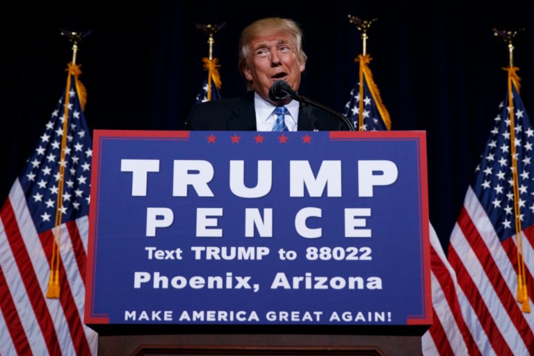 Republican presidential candidate Donald Trump delivers an immigration policy speech during a campaign rally at the Phoenix Convention Center, Wednesday, Aug. 31, 2016, in Phoenix. (AP Photo/Evan Vucci)