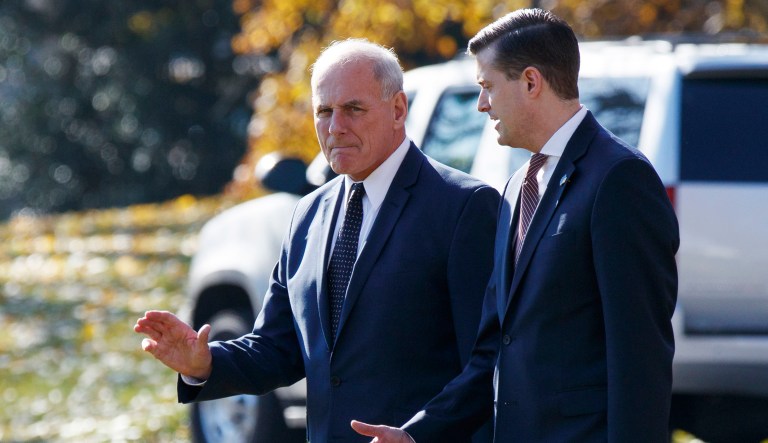 White House chief of staff John Kelly, left, said White House staff secretary Rob Porter, right, offered to resign on the afternoon of Feb. 6 after the Daily Mail published allegations of abuse from one of his ex-wives. (AP Photo/Evan Vucci)
