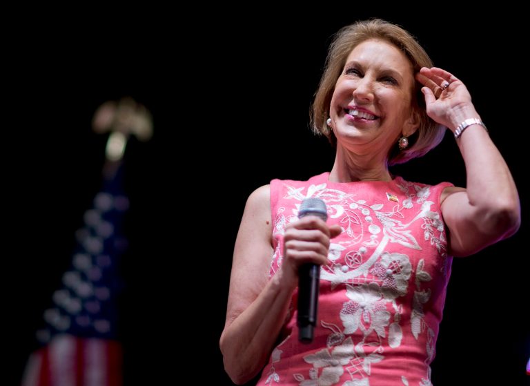Republican presidential candidate Carly Fiorina speaks at the RedState Gathering, Friday, Aug. 7, 2015, in Atlanta. (AP Photo/David Goldman)