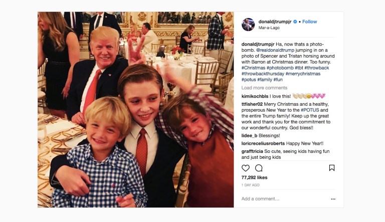 President Trump photobombed a photo of his son Barron and his grandsons Spencer and Tristan while the family vacationed at their Florida resort Mar-a-Lago over the holidays. (screenshot)