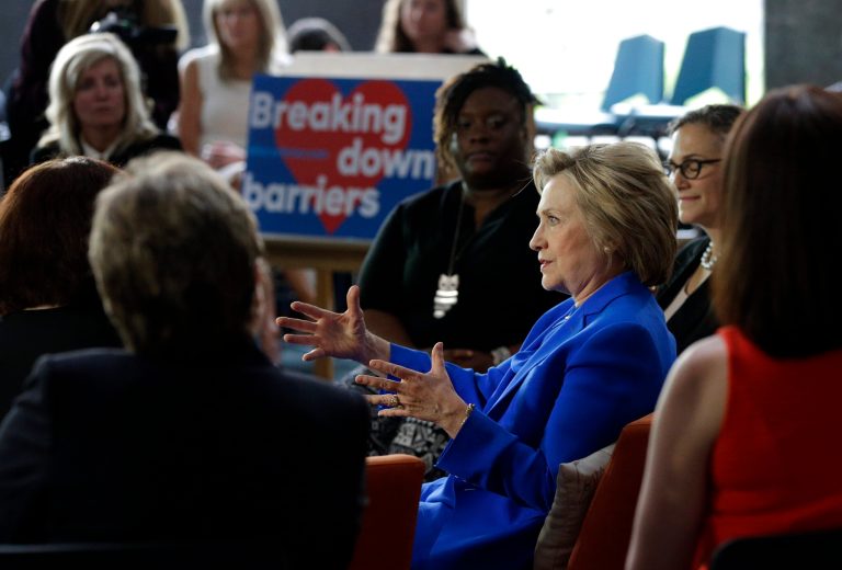 Democratic presidential candidate Hillary Clinton speaks with young parents during a roundtable discussion at the Family Care Center in Lexington, Ky., on May 10. (AP Photo/Patrick Semansky)