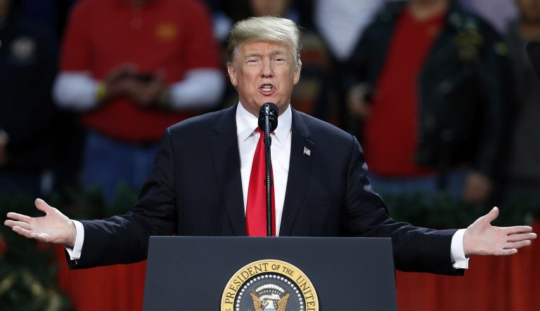 President Trump speaks during a rally in Pensacola, Fla., Friday, Dec. 8, 2017. (AP Photo/Jonathan Bachman)