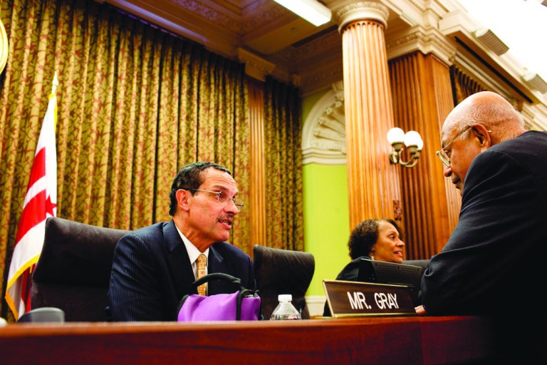 District's Chief Financial Officer Natwar Gandhi chats with Mayor Apparent Vincent Gray after the council meeting comes to a close. The District's Council comes back into session with Vincent Gray as Chairman until he is most likely appointed the next Mayor of Washington, DC. In Washington, DC on Tuesday September 21, 2010.

Andrew Harnik/Examiner