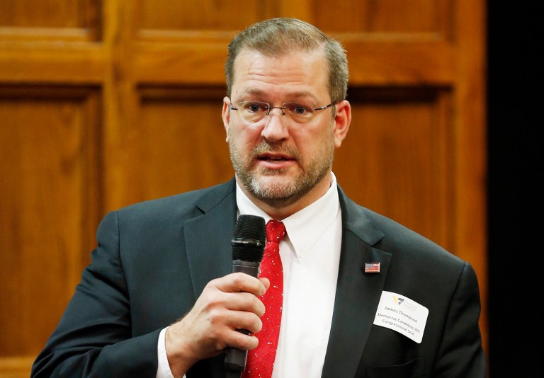 In this March 23, 2017, photo, Democrat James Thompson, a candidate for Kansas' 4th Congressional District, speaks during a debate in Wichita, Kan. Thompson faces Republican Ron Estes and Libertarian Chris Rockhold in the special general election race April 11, 2017, to replace former GOP Rep. Mike Pompeo, who was appointed director of the Central Intelligence Agency. (Bo Rader/Wichita Eagle via AP)