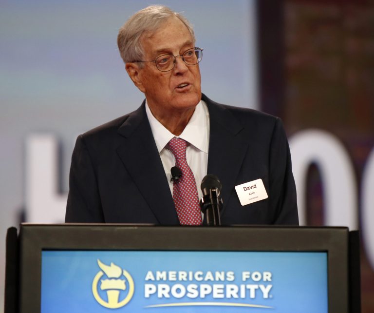Chairman of the board of Americans for Prosperity David Koch speaks at the Defending the American Dream summit hosted by Americans for Prosperity at the Greater Columbus Convention Center in Columbus, Ohio, Friday, Aug. 21, 2015. (AP Photo/Paul Vernon)