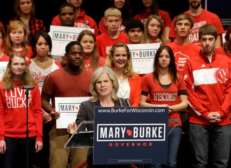 Mary Burke was joined by first lady Michelle Obama, who rallied young voters Tuesday in Wisconsin's race for governor, saying if they show up to vote Republican Gov. Scott Walker can be defeated. (AP Photo/Morry Gash)