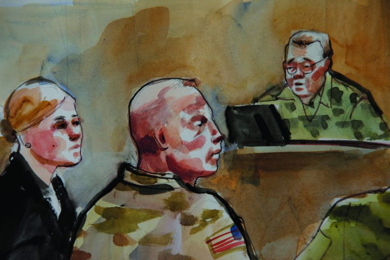 File-In this detail of a courtroom sketch, U.S. Army Staff Sgt. Robert Bales, center, is shown Monday, Nov. 5, 2012, during a preliminary hearing in a military courtroom at Joint Base Lewis McChord in Washington state. An Afghan National Army guard who reported seeing a U.S. soldier outside a remote base the night 16 civilians were massacred in March said the man did not stop even after being asked three times to do so. The guard, named Nematullah, testified by live video from Kandahar, Afghanistan, on Friday Nov. 9, 201 during an overnight session for a hearing in the case against Staff Sgt. Robert Bales. At right is Investigating Officer Col. Lee Deneke, and at left is Bales' attorney, Emma Scanlan. (AP Photo/Lois Silver) TV OUT