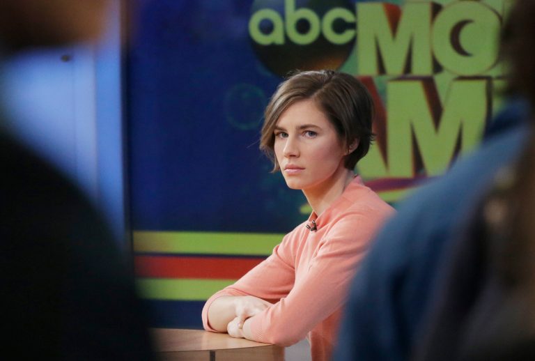 Amanda Knox waits on a television set for an interview, Friday, Jan. 31, 2014 in New York. Knox said she will fight the reinstated guilty verdict against her and an ex-boyfriend in the 2007 slaying of a British roommate in Italy and vowed to 