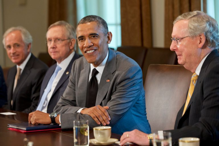 President Barack Obama meets with Congressional leaders to discuss foreign policy, Thursday, July 31, 2014, in the Cabinet Room of the White House in Washington. From left are, Senate Foreign Relations Committee ranking member Sen. Bob Corker, R-Tenn., Senate Majority Leader Harry Reid of Nev., the president, and Senate Minority Leader Mitch McConnell of Ky.  (AP Photo/Jacquelyn Martin)