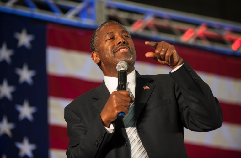 Republican presidential candidate Dr. Ben Carson speaks to the crowd during a campaign rally held at Spring Arbor University in Spring Arbor, Mich. Wednesday, Sept. 23, 2015. (Jessica Christian/Jackson Citizen Patriot via AP)