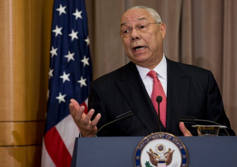 Former Secretary of State Colin Powell speaks during the groundbreaking ceremony for the U.S. Diplomacy Center at the State Department in Washington, Wednesday, Sept. 3, 2014. (AP File/Carolyn Kaster)