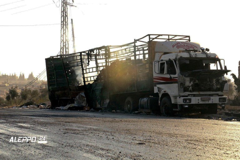A U.N. humanitarian aid convoy in Syria was hit by airstrikes Monday as the Syrian military declared that a U.S.-Russian brokered cease-fire had failed, and U.N. officials reported many dead and seriously wounded. (Aleppo 24 news via AP)