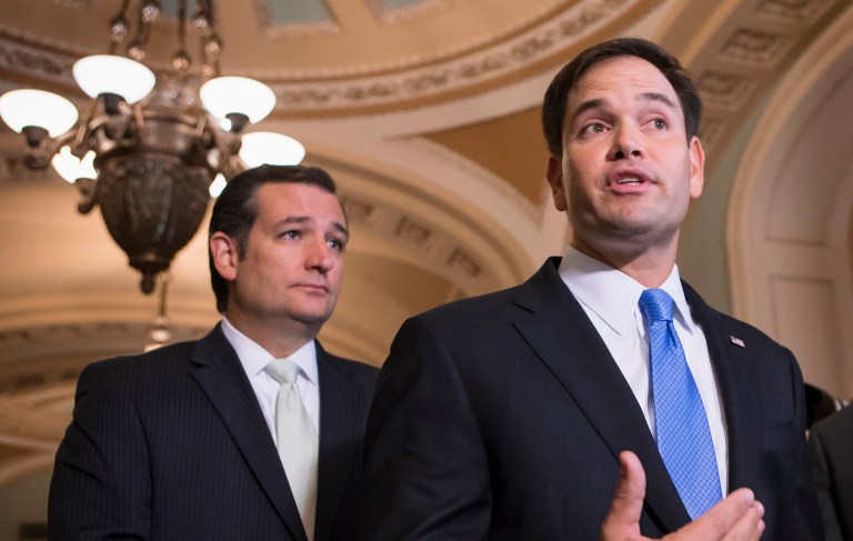 Republican Sens. Marco Rubio and Ted Cruz, above, along with Sen. Dean Heller, are pressing Congress to act on a bill to move the U.S. embassy in Israel from Tel Aviv to Jerusalem, a dramatic but symbolic action that also would fulfill a campaign promise President-elect Trump mad. (AP Photo/J. Scott Applewhite, File)