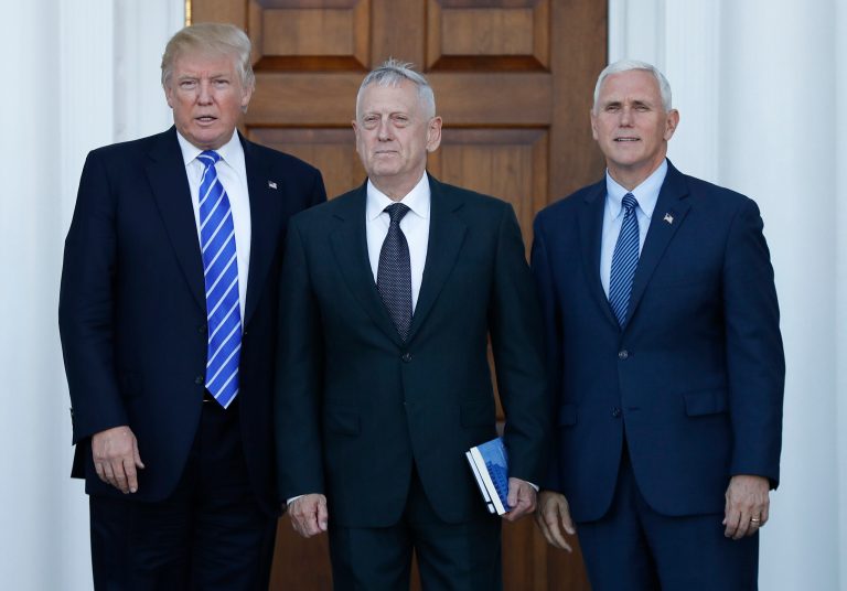 Donald Trump and Mike Pence pose with retired Marine Corps Gen. James Mattis. (AP Photo/Carolyn Kaster)