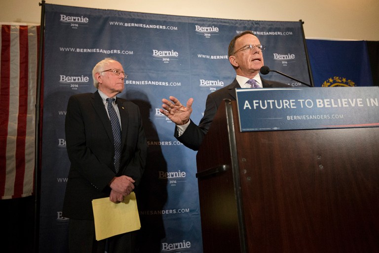 Kirk spoke passionately of Sanders' commitment to campaign finance reform, fairer taxes, job growth and income equality. (AP Photo/John Minchillo)
