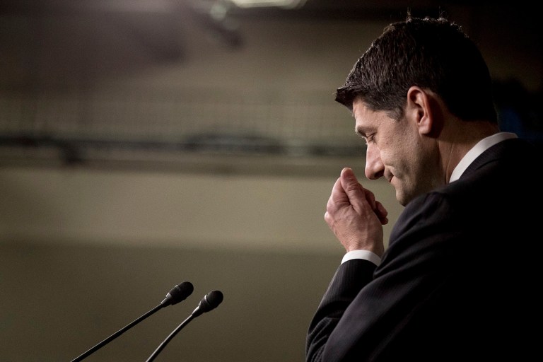House Speaker Paul Ryan of Wis. pauses during a press conference on Capitol Hill in Washington, Friday, March 24, 2017. Republican leaders have abruptly pulled their troubled health care overhaul bill off the House floor, short of votes and eager to avoid a humiliating defeat for President Donald Trump and GOP leaders.(AP Photo/Andrew Harnik)