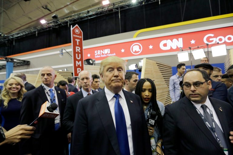 Republican presidential candidate, businessman Donald Trump works the Spin Room after a Republican presidential primary debate at The University of Houston, Thursday, Feb. 25, 2016, in Houston. (AP Photo/David J. Phillip)