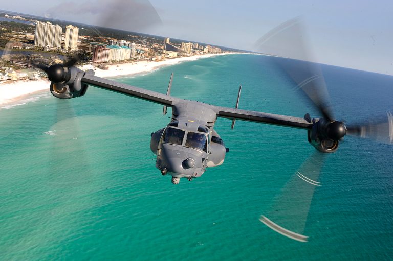 This Jan. 31, 2009, file photo provided by the US Air Force shows a CV-22 Osprey aircraft from the 8th Special Operations Squadron over the Emerald Coast outside Hurlburt Field, Fla.(AP Photo/U.S. Air Force, Julianne Showalter)