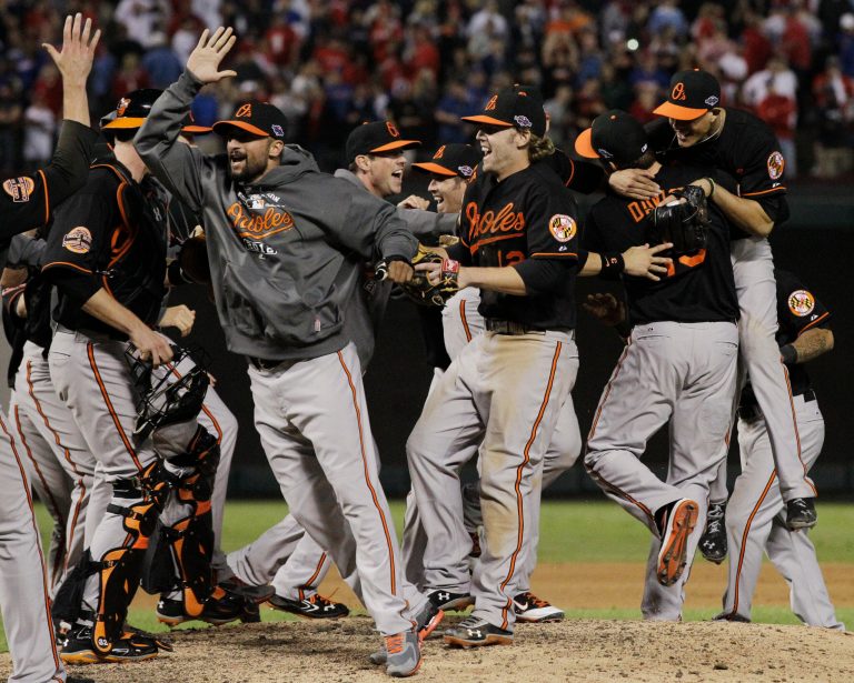 The Baltimore Orioles celebrate winning the American League wild-card playoff baseball game against the Texas Rangers, 5-1, Friday, Oct. 5, 2012 in Arlington, Texas. (AP Photo/Tony Gutierrez)
