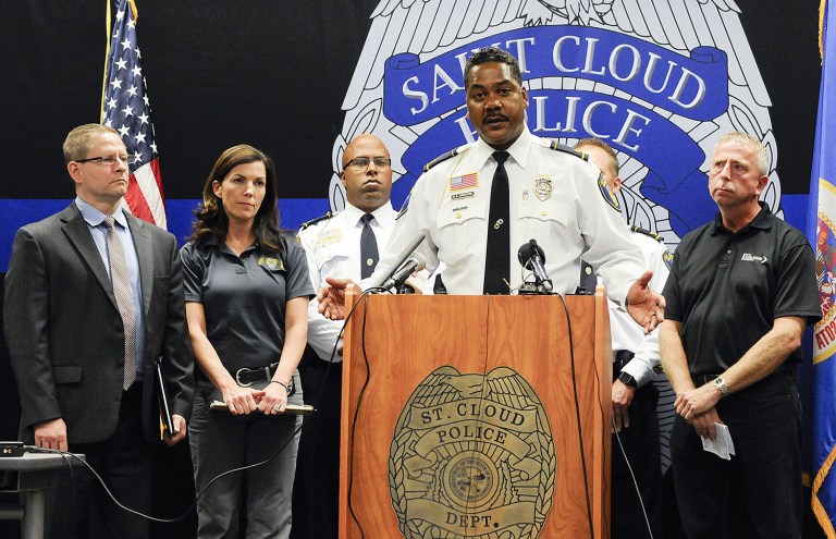 St. Cloud, Minn., Police Chief William Blair Anderson and other officials give updated information on the Crossroads Center incident at the St. Cloud Police Department. (Jason Wachter/St. Cloud Times via AP)