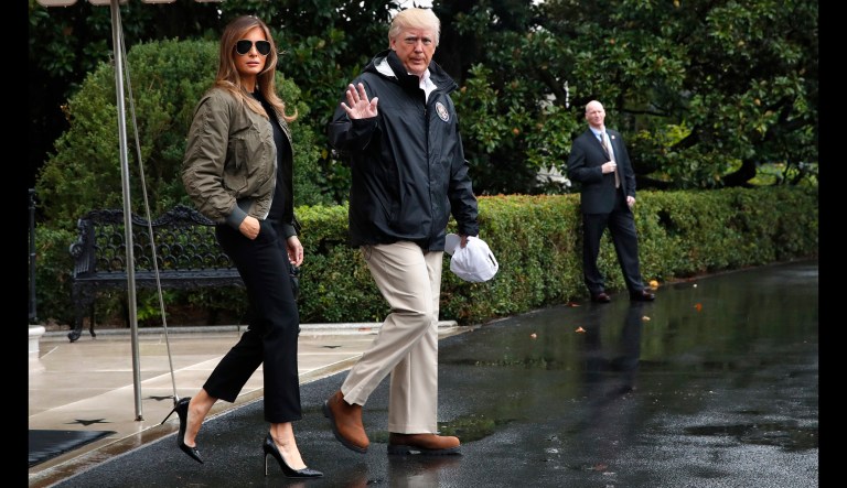 Several journalists mocked first lady Melania Trump's choice of shoe as she and President Trump departed the White House on Tuesday en route to Texas. (AP Photo/Jacquelyn Martin)