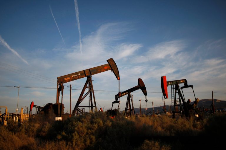 Pump jacks and wells are seen in an oil field on the Monterey Shale formation where gas and oil extraction using hydraulic fracturing, or fracking, is on the verge of a boom on March 23, 2014 near McKittrick, California. (Photo by David McNew/Getty Images)
