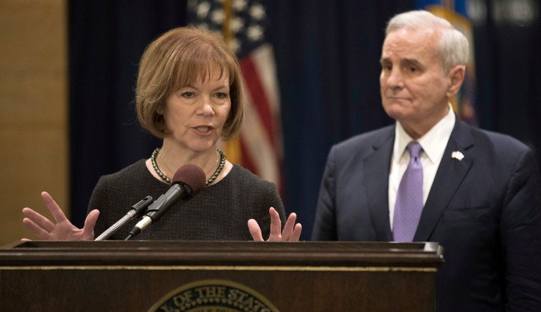 Tina Smith was a key proponent in helping to expand "Minnesota's clean energy economy" during her time as lieutenant governor, Gov. Mark Dayton said Wednesday. (Brian Peterson/Star Tribune via AP)
