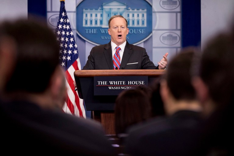 Sean Spicer, top spokesman for the Trump administration, treats all reporters equally and that much of the White House communications operation is run by women, according to Sarah Sanders. (AP Photo/Andrew Harnik)