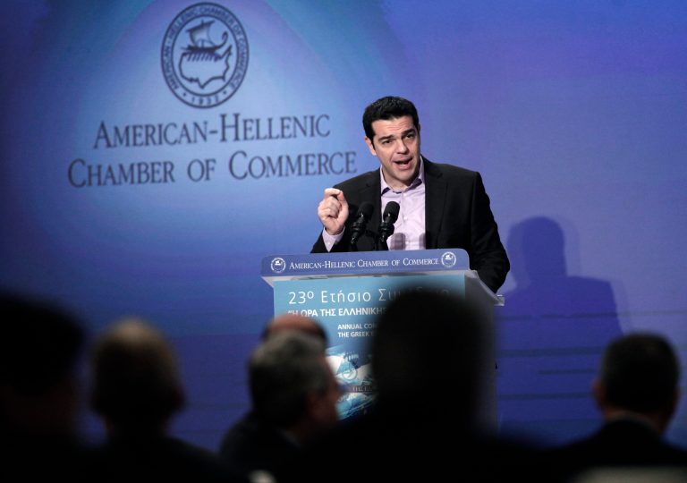   Greek left-wing opposition leader Alexis Tsipras speaks about the Greek economy at the annual conference of the American-Hellenic Chamber of Commerce in Athens, on Tuesday, Dec. 4, 2012. Greece is planning to spend up to â¬10 billion ($13 billion) in a bond buyback program that it hopes will help bring its debt under control. (AP Photo/Petros Giannakouris)  