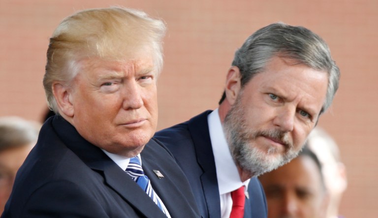President Trump praised Liberty University President Jerry Falwell Jr. on Monday after he defended the president's remarks on the violence in Charlottesville, Va. (AP Photo/Steve Helber)