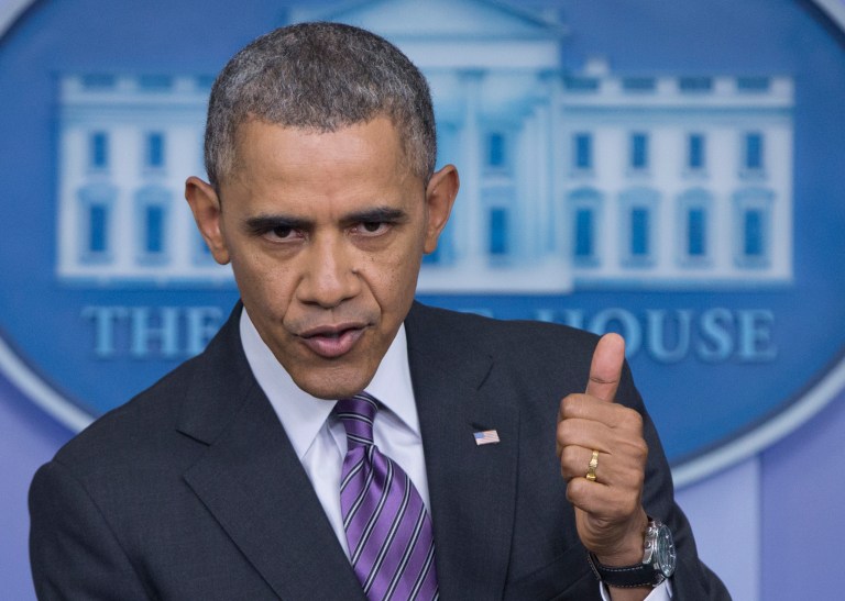 FILE - In this April 17, 2014, file photo, President Barack Obama gestures as he speaks in the White House briefing room in Washington. Blue or red, a majority of states have exceeded their health care sign-up targets under Obama's law, something that would have been hard to imagine after last fall's botched rollout of insurance markets. But the administration's final numbers, released Thursday, May 1, also expose shortcomings, including subpar enrollment among Hispanics, the nation's largest minority group and also its least insured. (AP Photo/Carolyn Kaster, File)