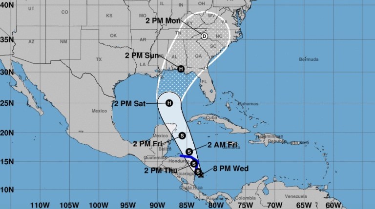 A tropical depression that is likely to develop into a hurricane-strength storm is forecast to hit the U.S. sometime over the weekend. (National Hurricane Center)