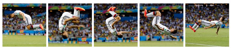 This combination of photos shows Germany's Miroslav Klose flipping to celebrate after scoring his side's second goal during the group G World Cup soccer match between Germany and Ghana at the Arena Castelao in Fortaleza, Brazil, Saturday, June 21, 2014. (AP Photo/Frank Augstein)
