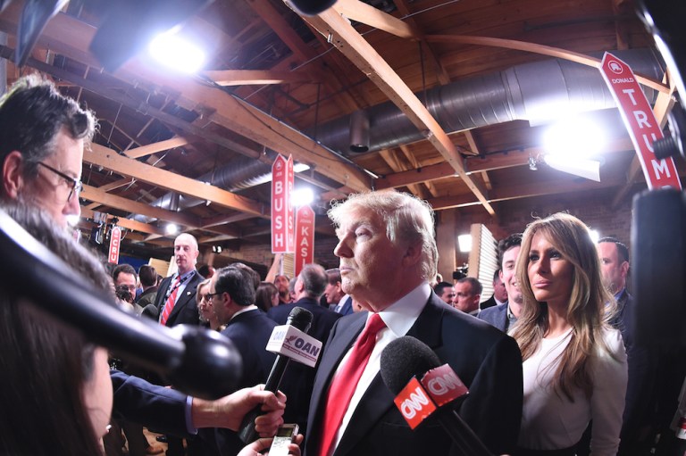 Trump spoke for more than 40 minutes about topics ranging from his discontinued line of steaks to Romney. (AP Photo/Rainier Ehrhardt)