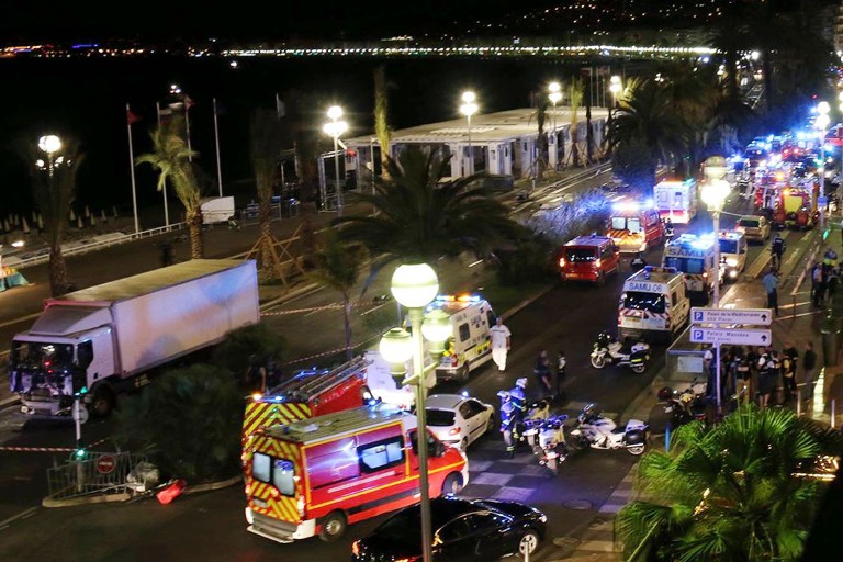 More than a dozen people were killed and others wounded Thursday night in Nice, France, when a large, white truck crashed into a crowd that had gathered to celebrate Bastille Day. (Sasha Goldsmith via AP)
