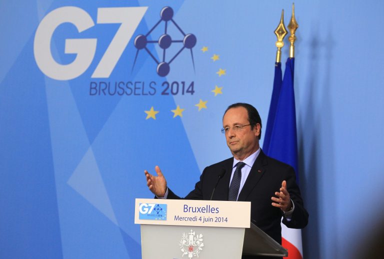 French President Francois Hollande addresses the media during a G7 summit at the European Council building in Brussels, Wednesday June 4, 2014. The leaders of the G7 will deliberate their next steps in response to the enduring unrest in Ukraine, after sidelining Russia for its role in the crisis. (AP Photo/Yves Logghe)