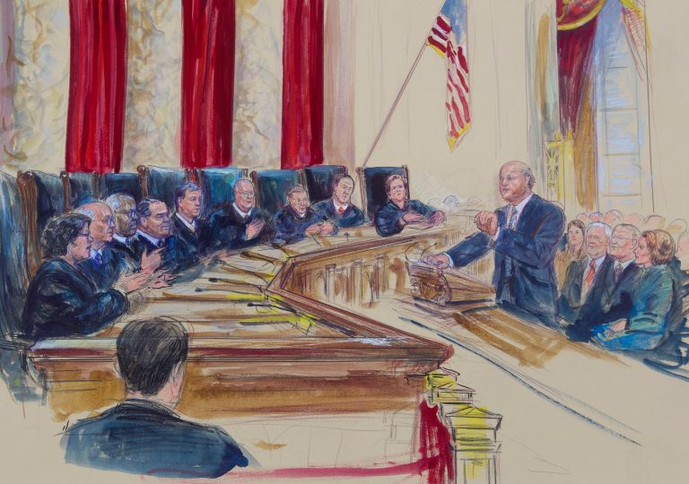 This courtroom artist rendering shows Michael Carvin, lead attorney for the petitioners,, right, speaking before the Supreme Court in Washington, Wednesday, March 4, 2015, a the court heard arguments in King v. Burwell. (AP Photo/Dana Verkouteren)