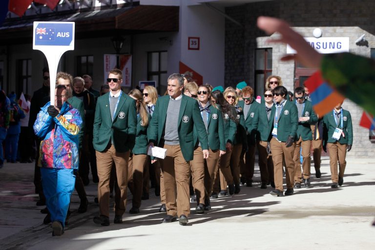 Members of the Australian Olympic team arrive for a welcome ceremony at the Mountain Olympic Village prior to the 2014 Winter Olympics, Thursday, Feb. 6, 2014, in Krasnaya Polyana, Russia. (AP Photo/Jae C. Hong)