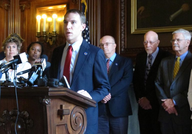 Democratic Senate Minority Leader Chris Larson details areas of the state budget members of his caucus will object to during Senate debate on Thursday, June 20, 2013, in Madison, Wis. (AP Photo/Scott Bauer)