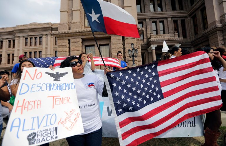 Protesters take part in a No Ban, No Wall rally to support the rights of immigrants, oppose a border wall, and support sanctuary cities on Feb. 28 at the State Capitol in Austin, Texas. (AP Photo/Eric Gay)