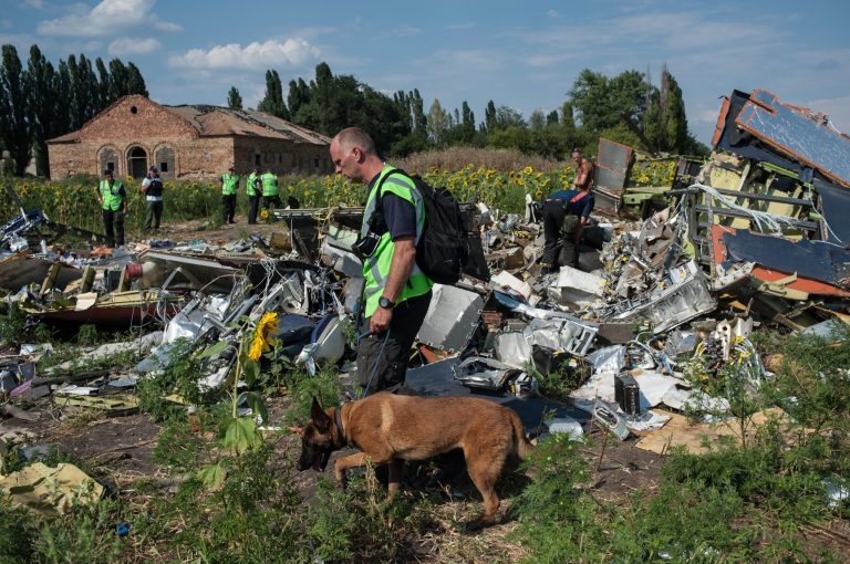 Australian, Malaysian and Dutch investigators examine the area of the downed Malaysia Airlines Flight 17, near the village of Rossipne, Donetsk region, eastern Ukraine, Tuesday, Aug. 5, 2014. The West has accused Russia of most likely providing the insurgents with surface-to-air missiles that may have been used to shoot down the Malaysia Airlines passenger jet over rebel-held territory on July 17, killing all 298 people on board. (AP Photo)