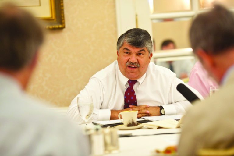 AFL-CIO President Richard Trumka meeting reporters at a Christian Science Monitor roundtable.  Michael Bonfigli / The Christian Science Monitor 2011.